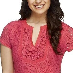 IsaacMizrahi Live Lace Tunic Women L Pink Split Neck S/S Floral Medallion